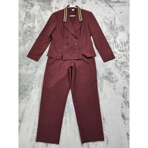 Vintage Cattrell Pant Suit Women 12P PETITE Red Double Breasted Gold Trim Collar